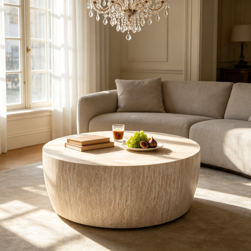2-Tier Burl Wood Veneer Round Coffee Table – Natural Knot Pattern, Stepped Design, Ø34.65 in.