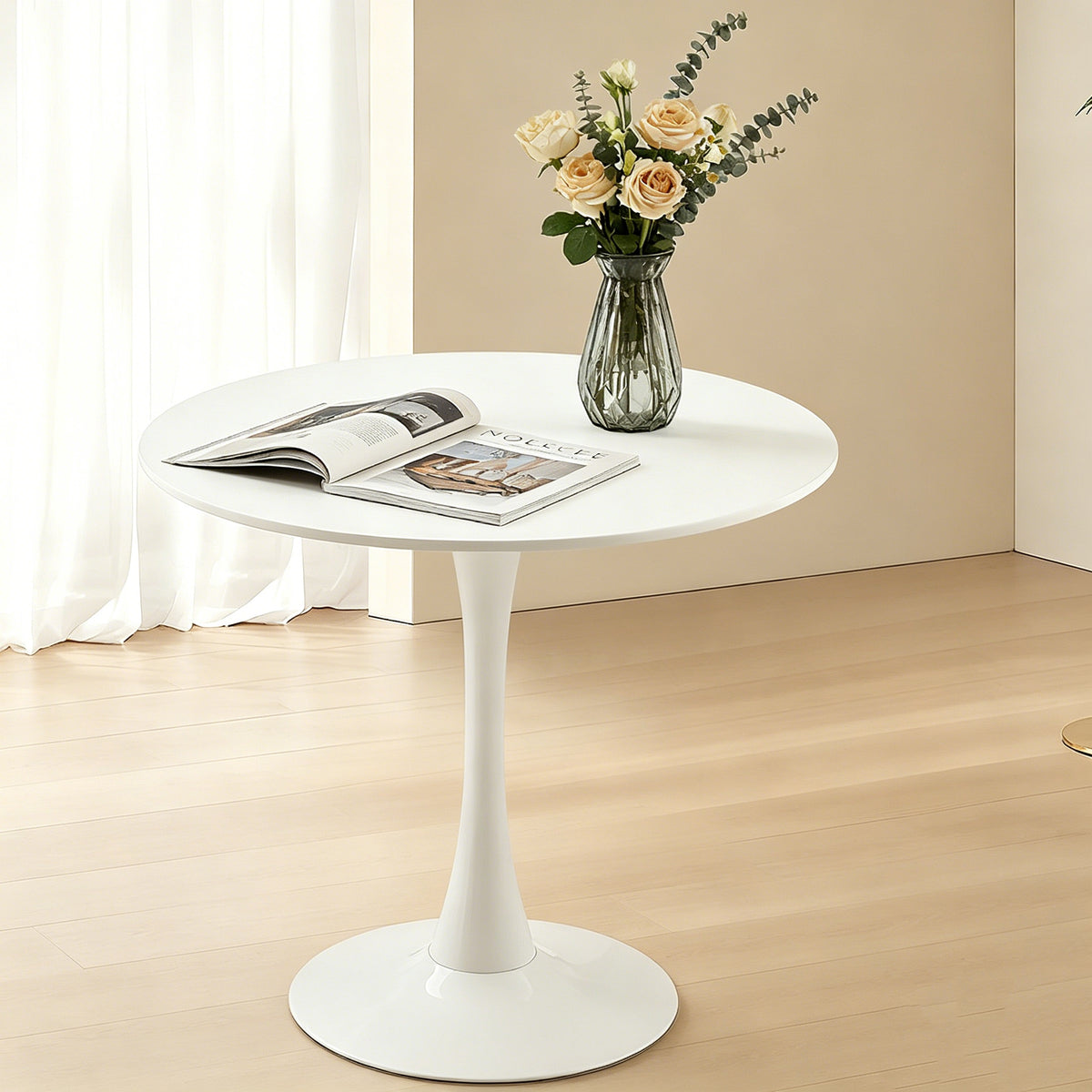 White Round Tulip Pedestal Dining Table – MDF Top, Matte Iron Base, 220 lb Capacity, Ø31.5 x 28.7 in.