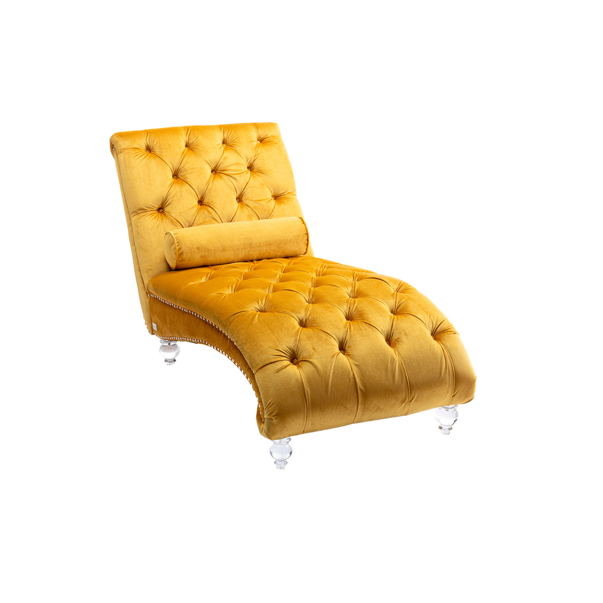 Mustard Velvet Button-Tufted S-Curve Chaise Lounge