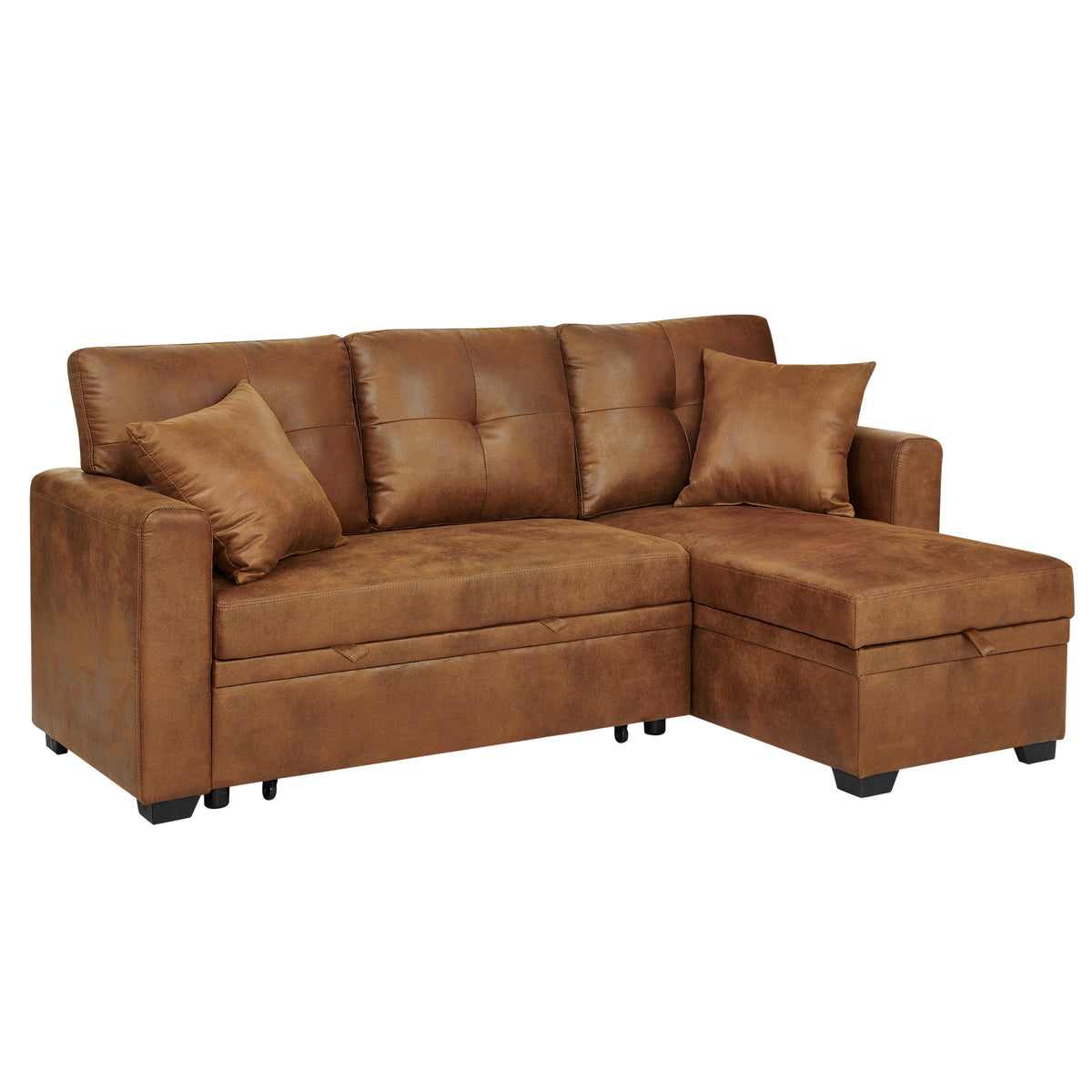 Light Brown Sleeper Sectional Sofa with Pull-Out Bed, Reversible Chaise & Hidden Storage – 71 x 50 x 34 in.