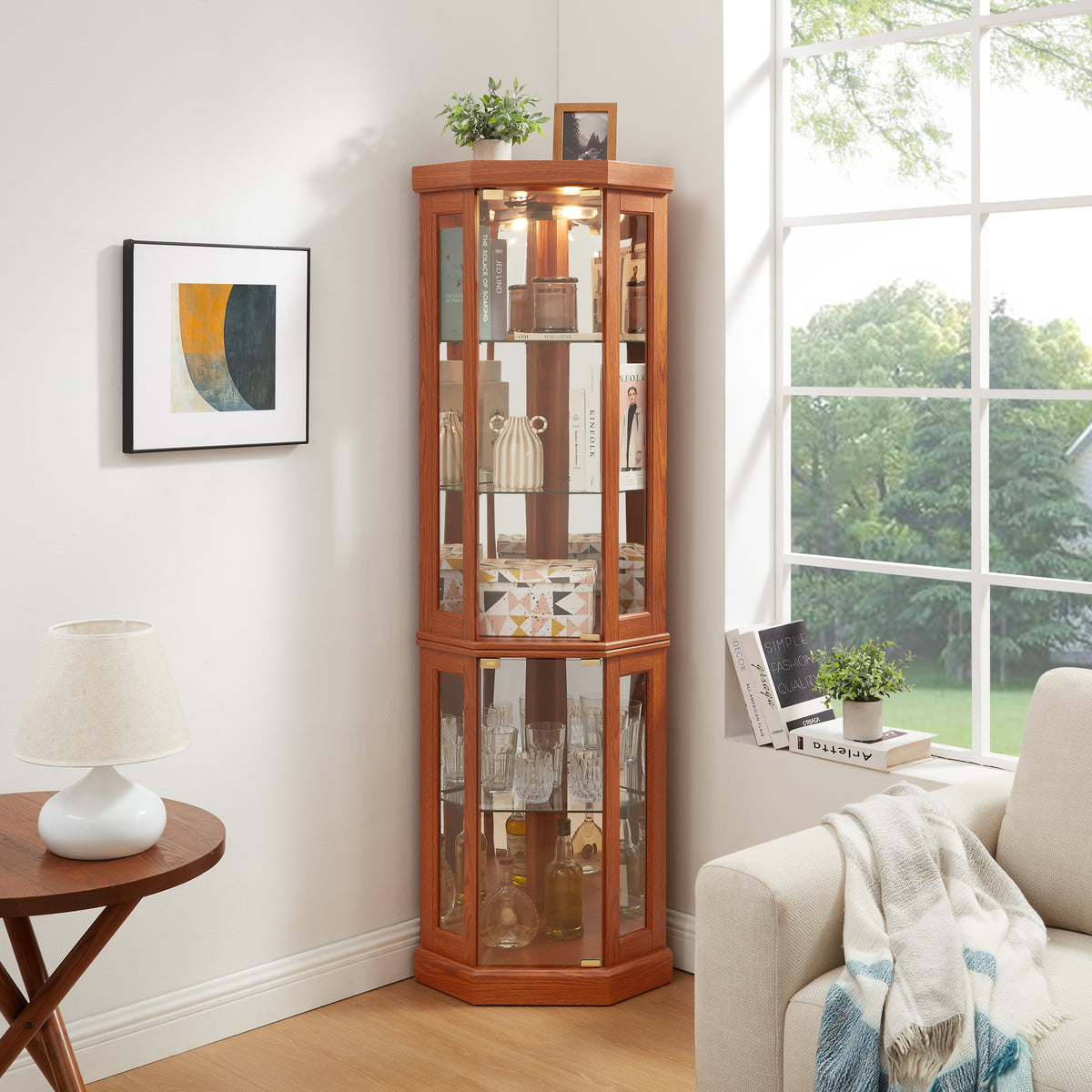 Dark Oak Lighted Corner Glass Curio Cabinet with Mirrored Back, 69.8 in.
