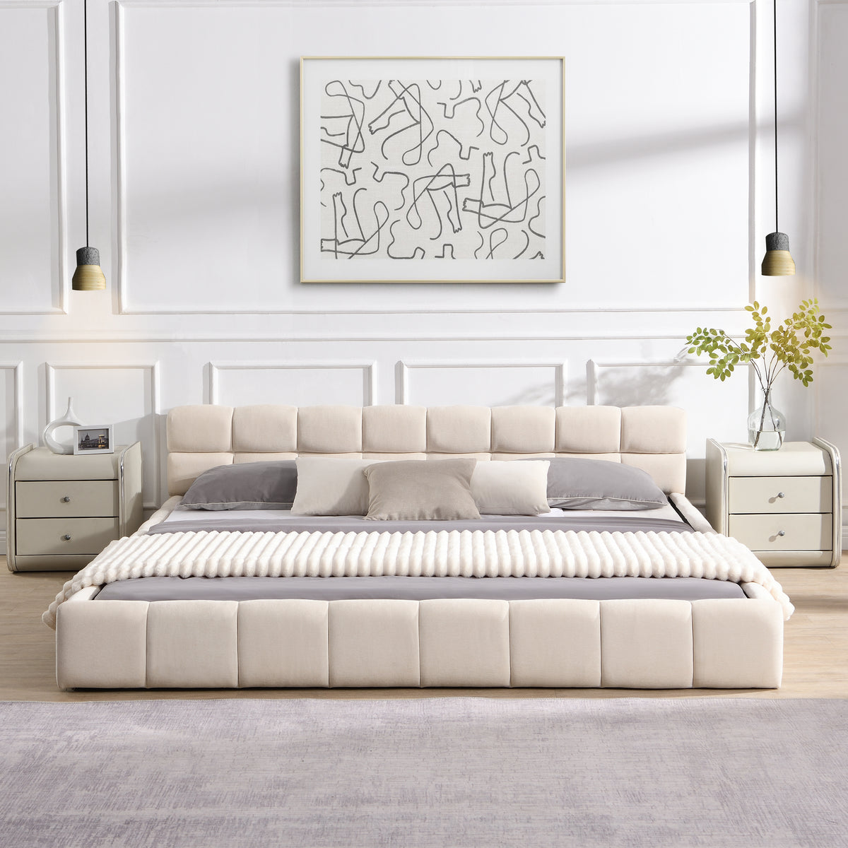 Beige Chenille King Bed Frame – Checkerboard Headboard, Low-Profile Platform, No Box Spring, 88.2 x 82.7 x 24.4 in.