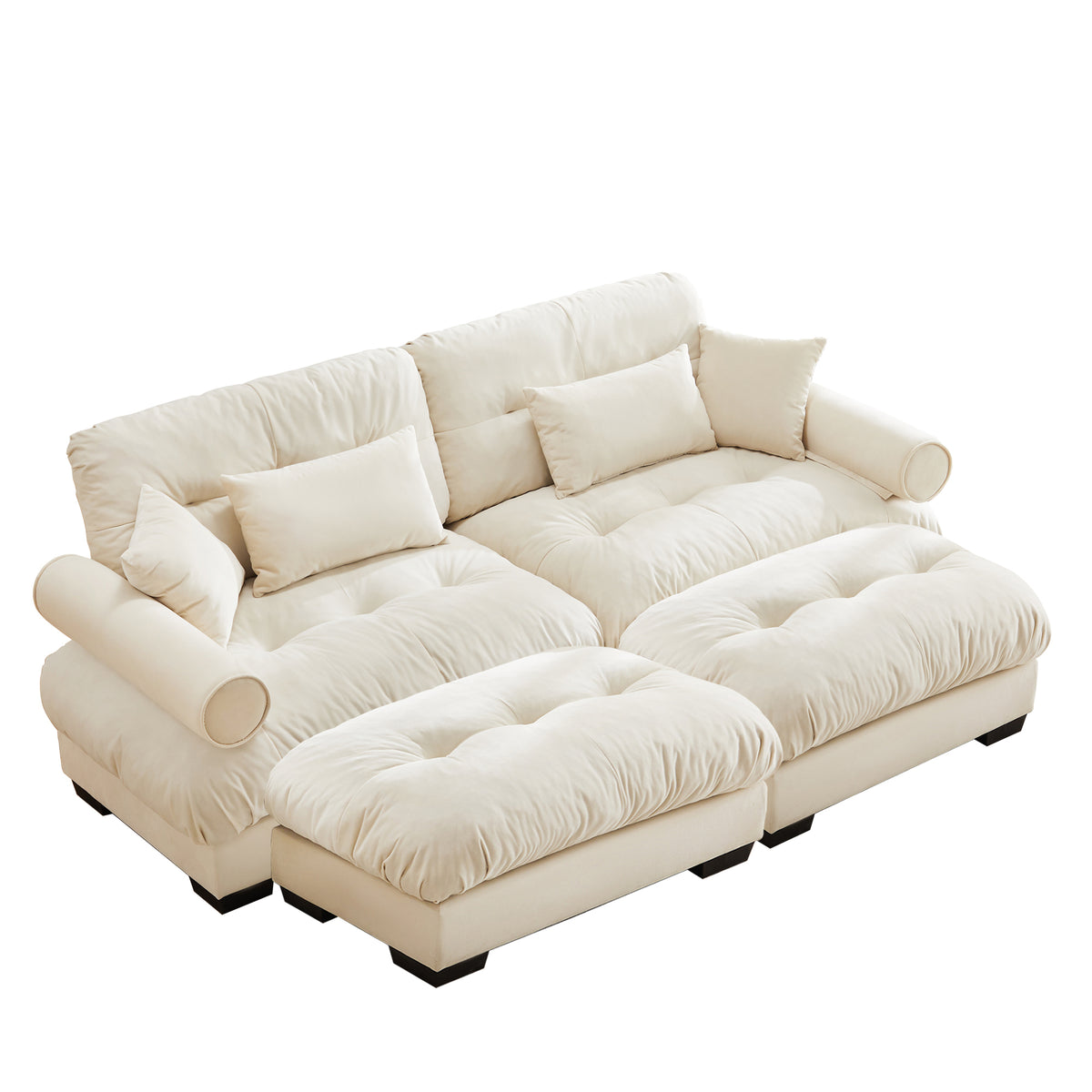 Oversized Modern Velvet Two-Seater Sofa with Ottoman & Round Bolster Armrests – Cream