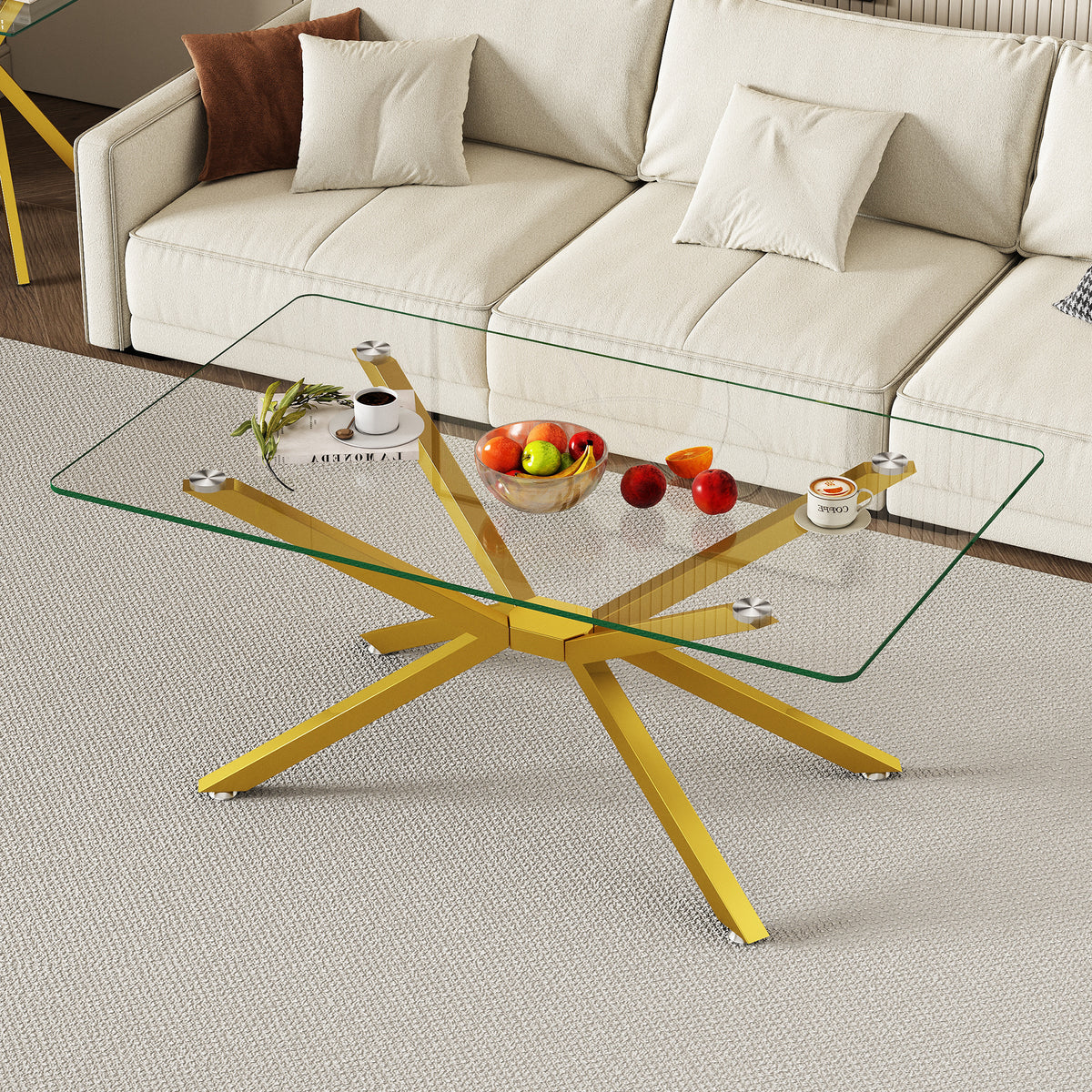 39.37' Rectangular Clear Tempered Glass Coffee Table,Stylish Design with Gold Metal Legs, Coffee Table for Living Room