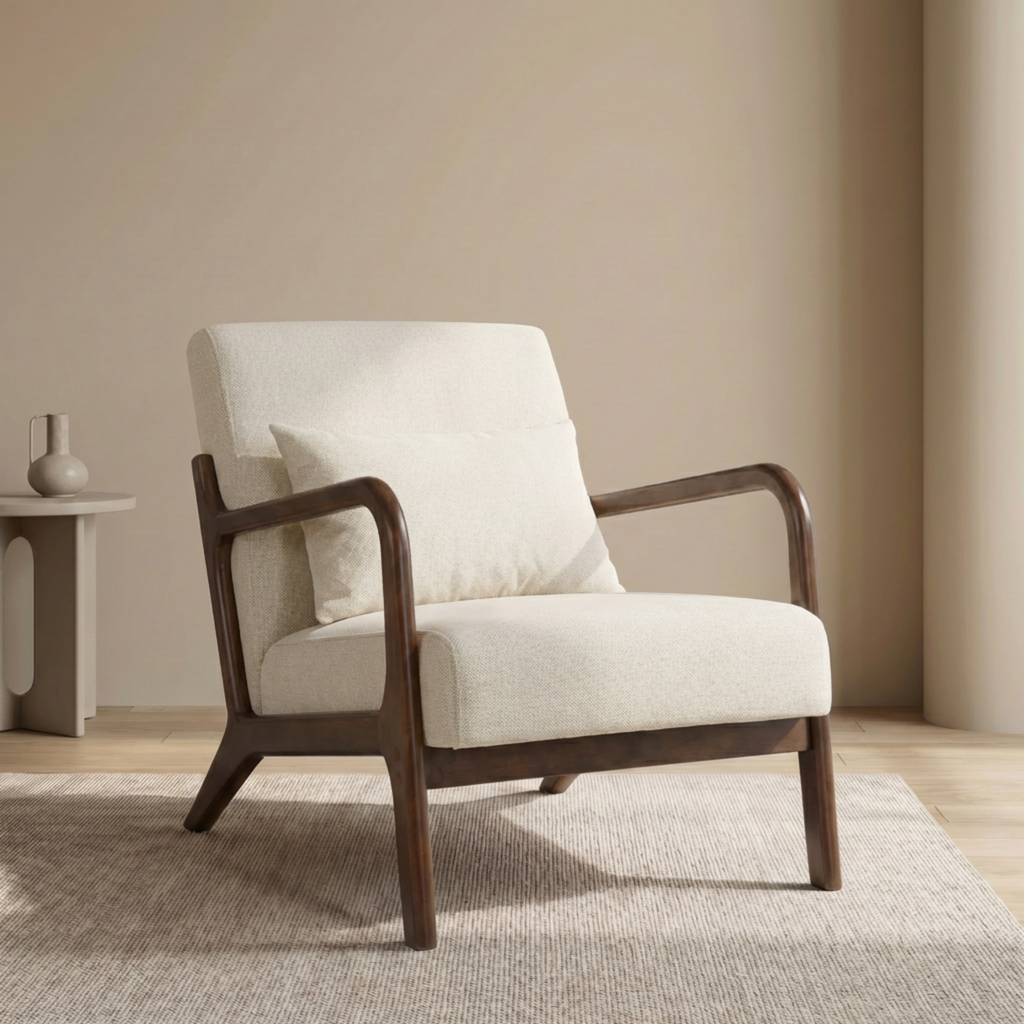 Antique White Cotton Linen Mid-Century Accent Chair with Lumbar Cushion
