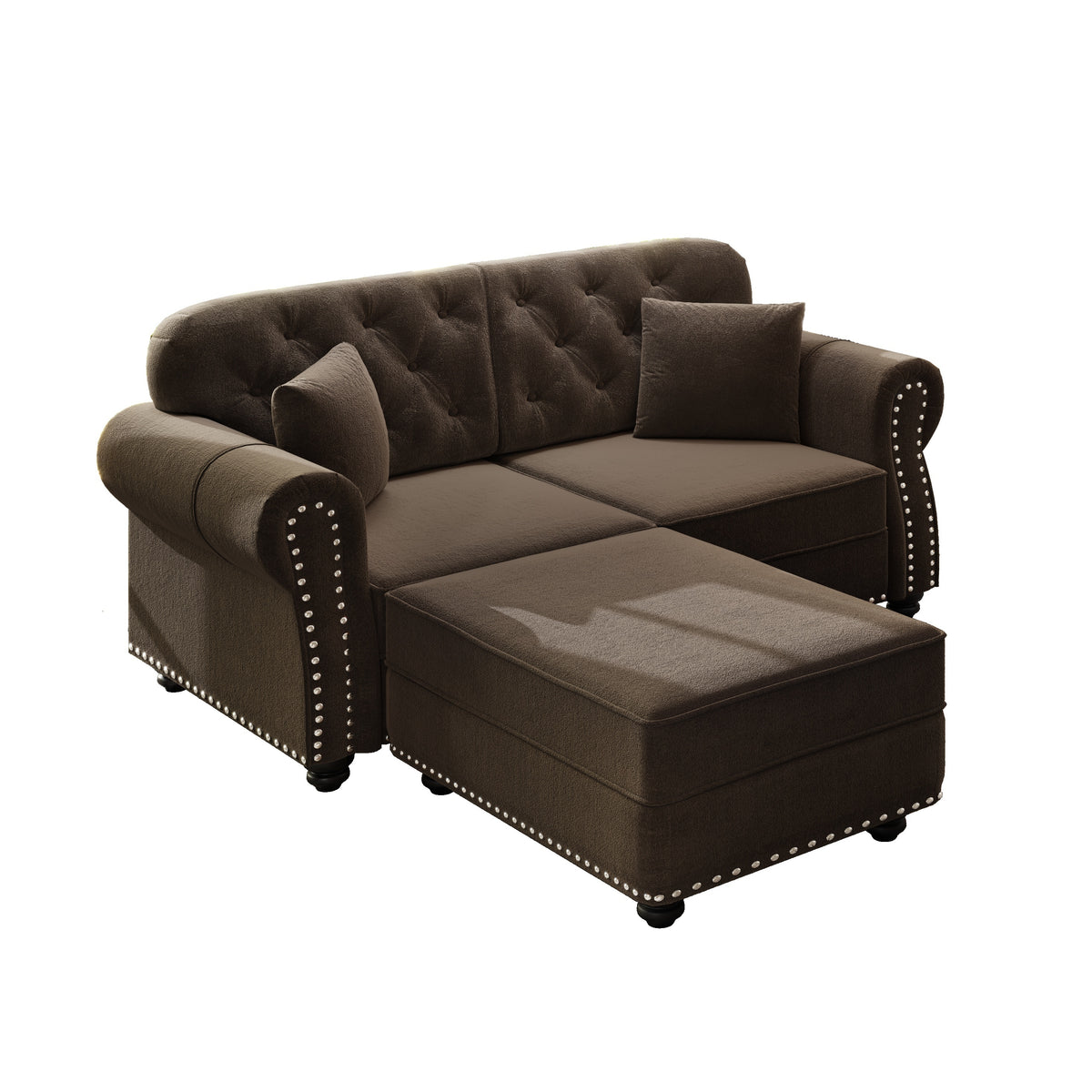 Brown Velvet Chesterfield Loveseat with Ottoman, 63 in.