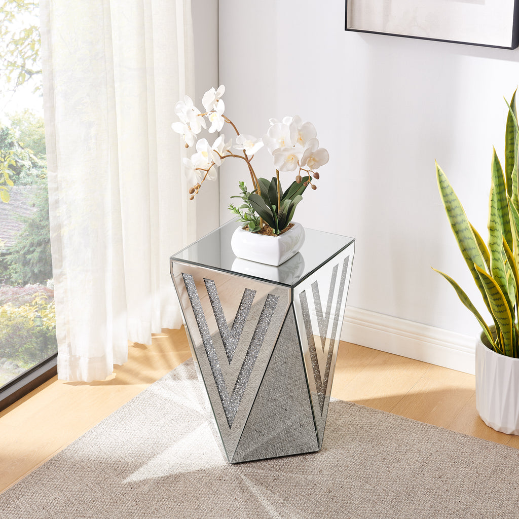 Silver Mirrored Side Table with Crystal Inlay, 21.7 in.