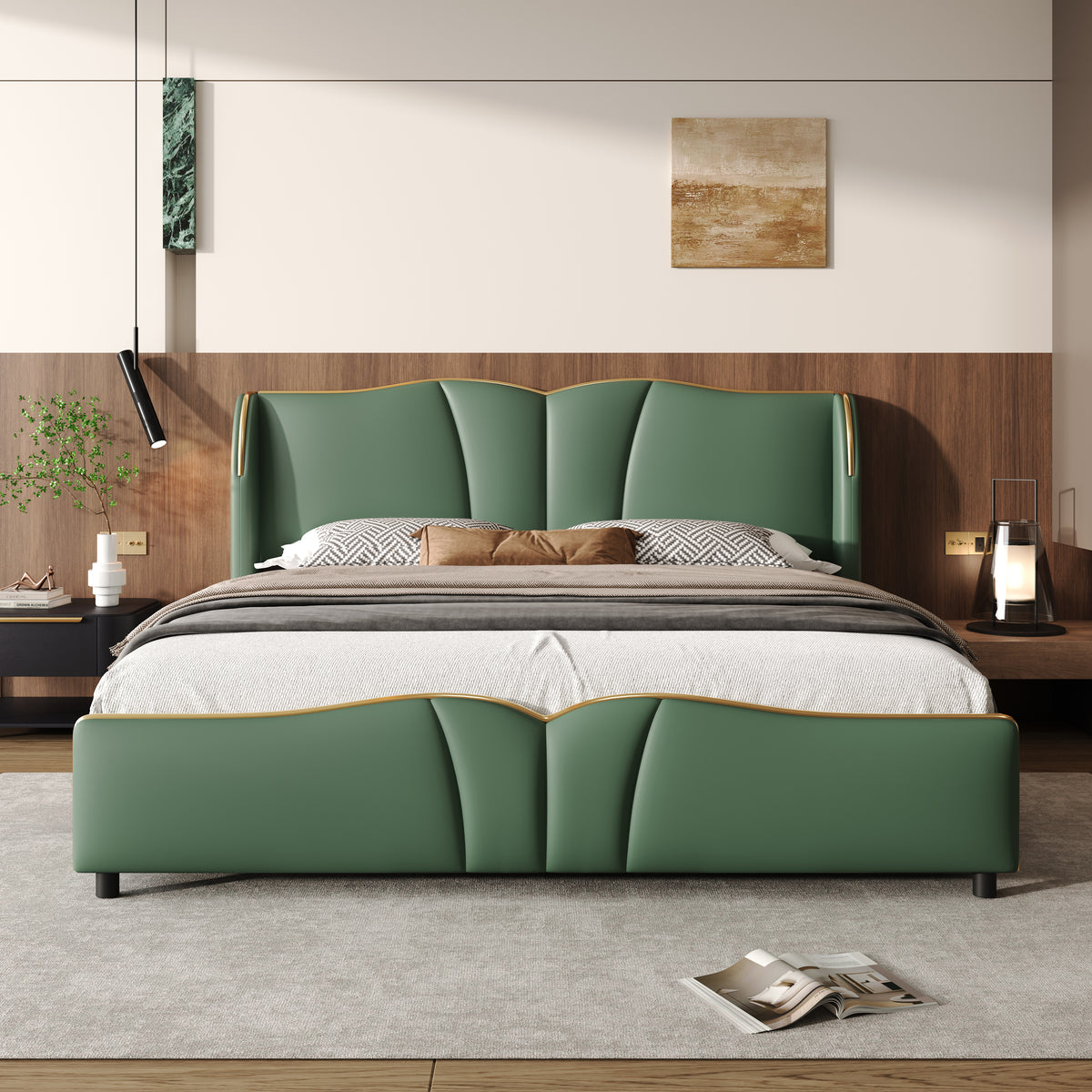 Dark Green PU Leather Queen Bed Frame with Wave Headboard