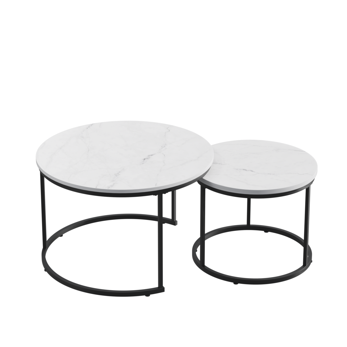 White Marble Pattern Nesting Round Coffee Table Set of 2 – Metal Frame, 120 lb Capacity, Ø27.6 in.