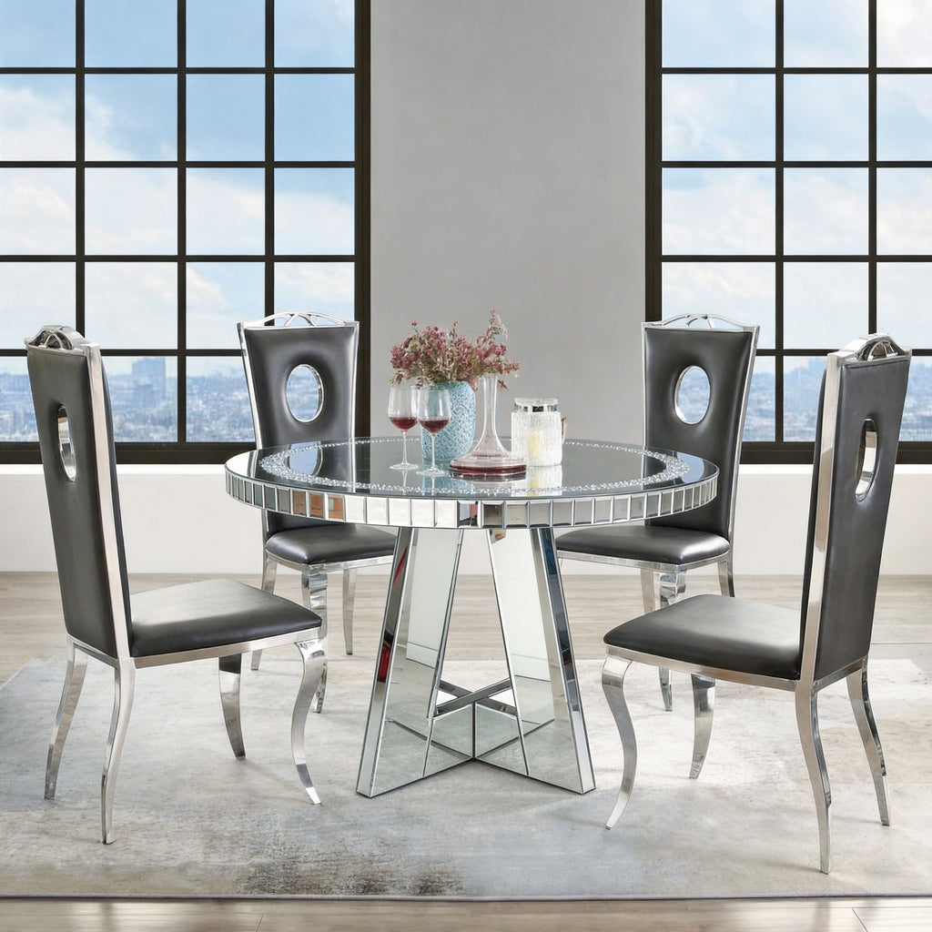 Silver Diamond Crush Mirrored Round Dining Table – Crystal Glass Top, Mirrored Base, Seats 4, Ø39.4 x 29.9 in.