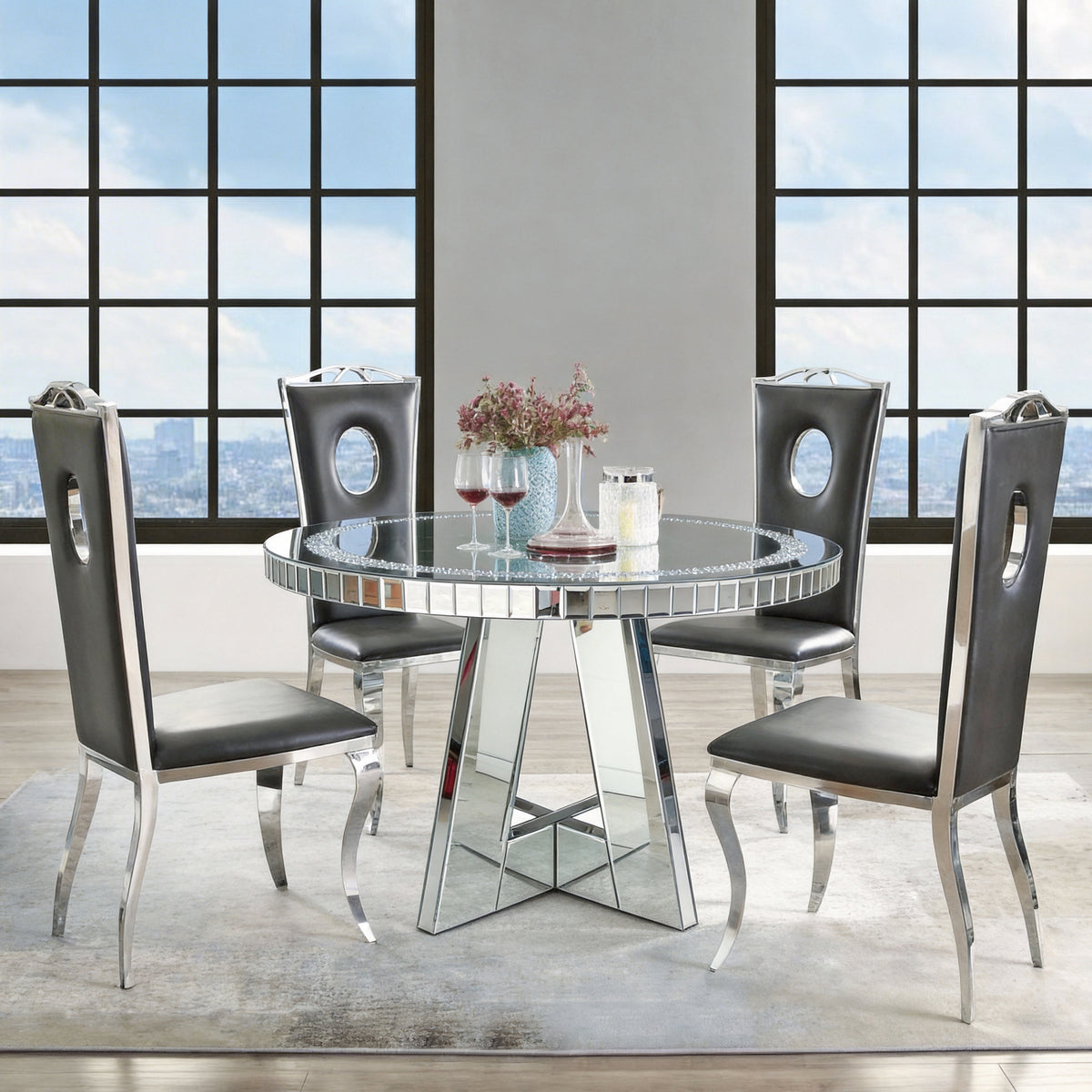 Silver Diamond Crush Mirrored Round Dining Table – Crystal Glass Top, Mirrored Base, Seats 4, Ø39.4 x 29.9 in.
