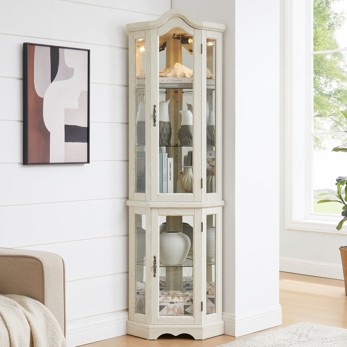 White Lighted Corner Curio Cabinet, 70.3 in., 4 Glass Shelves