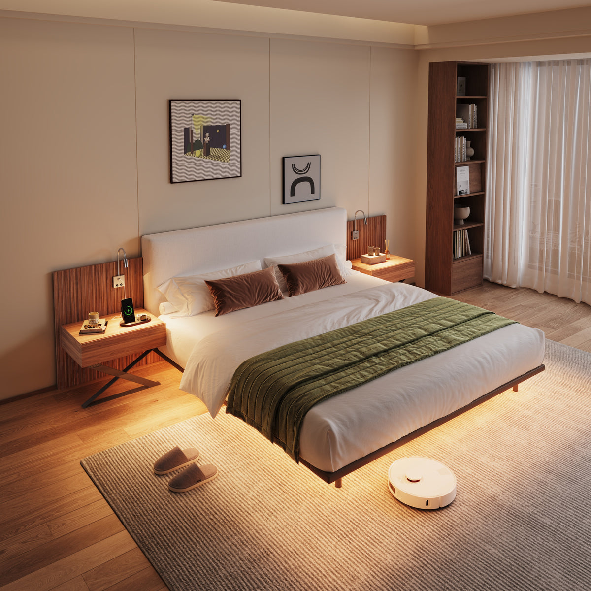 Luxury King Bed Frame Set with Floating Nightstands, LED Lights & USB