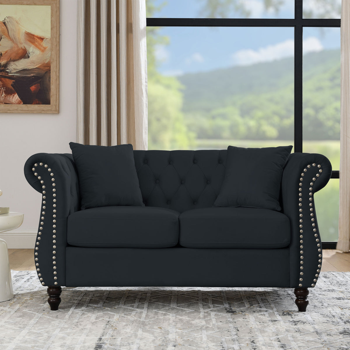 Black Velvet 58.8" Chesterfield Loveseat – Button Tufting, Nailhead Trim, Rolled Arms, Solid Wood Legs, Removable Cushions, 2 Pillows, 250 lb/Seat