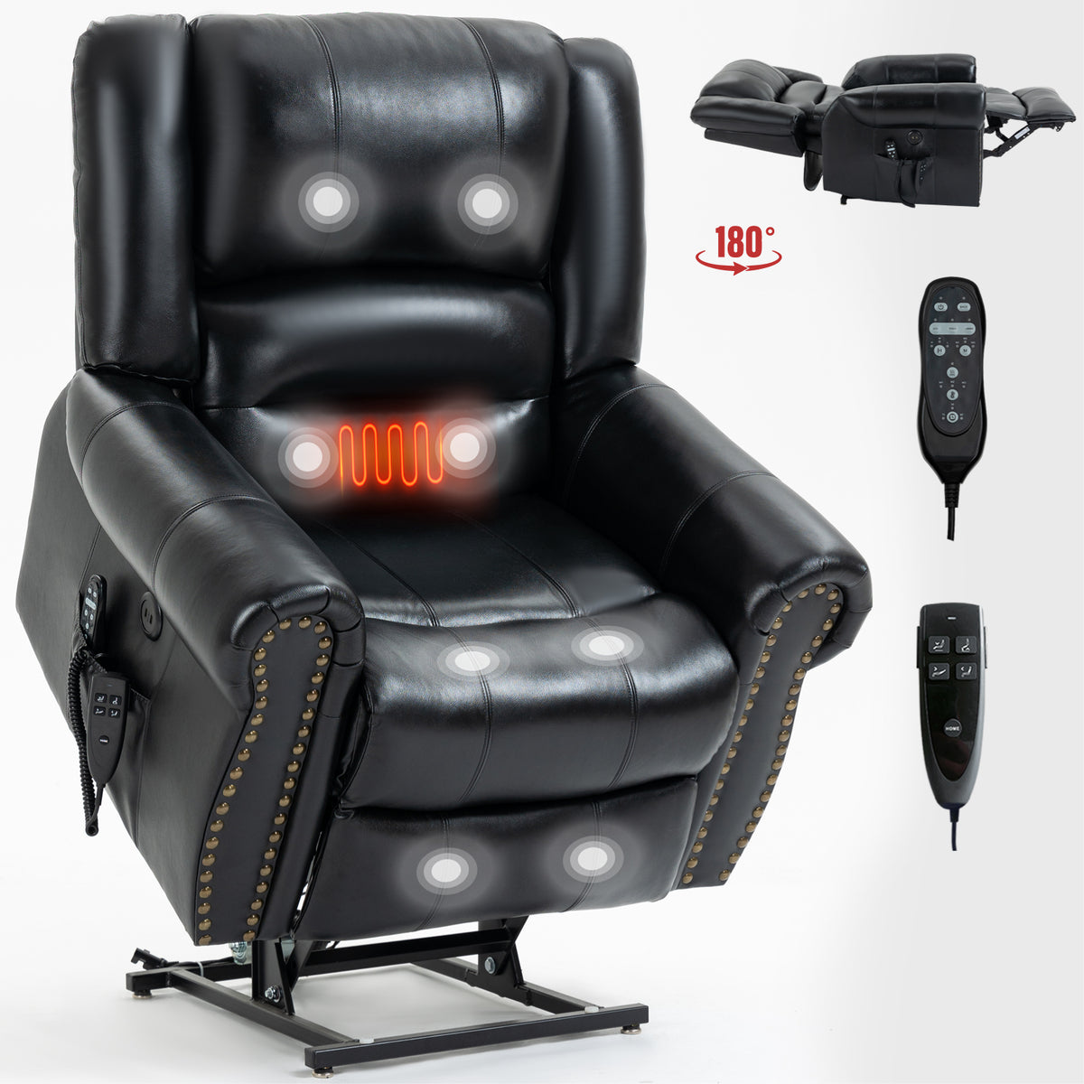 Black Leather Power Lift Recliner Chair with Heat & Massage