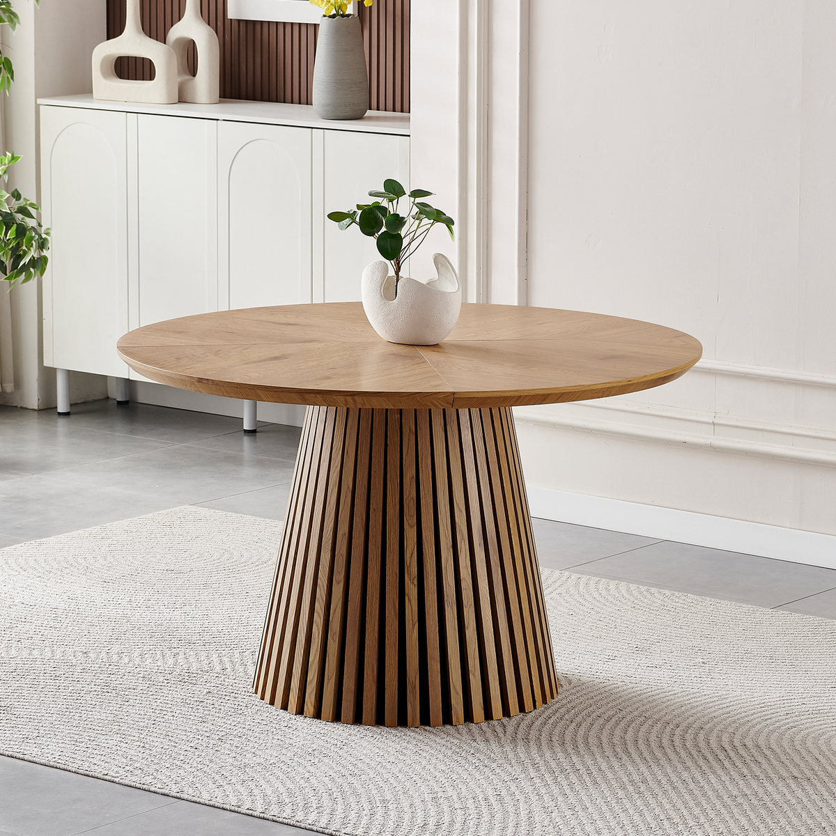 Natural Wood Round Dining Table – Slatted Legs, Seats 4, Ø47.2 x 29.5 in.