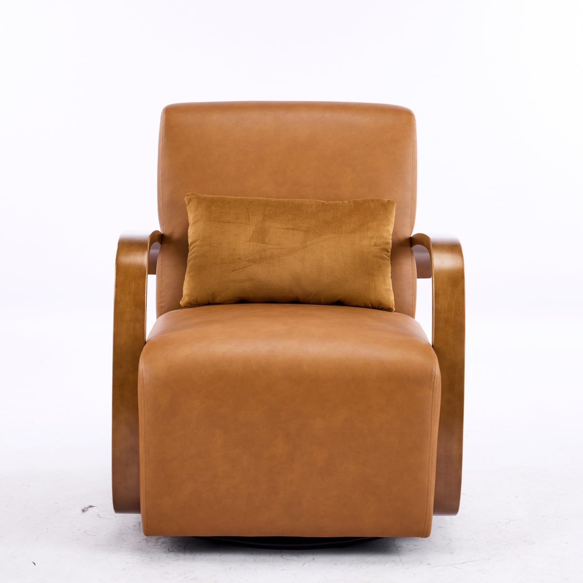 Antique Brown 360° Swivel Accent Chair with Poplar Wood Arms & Throw Pillow