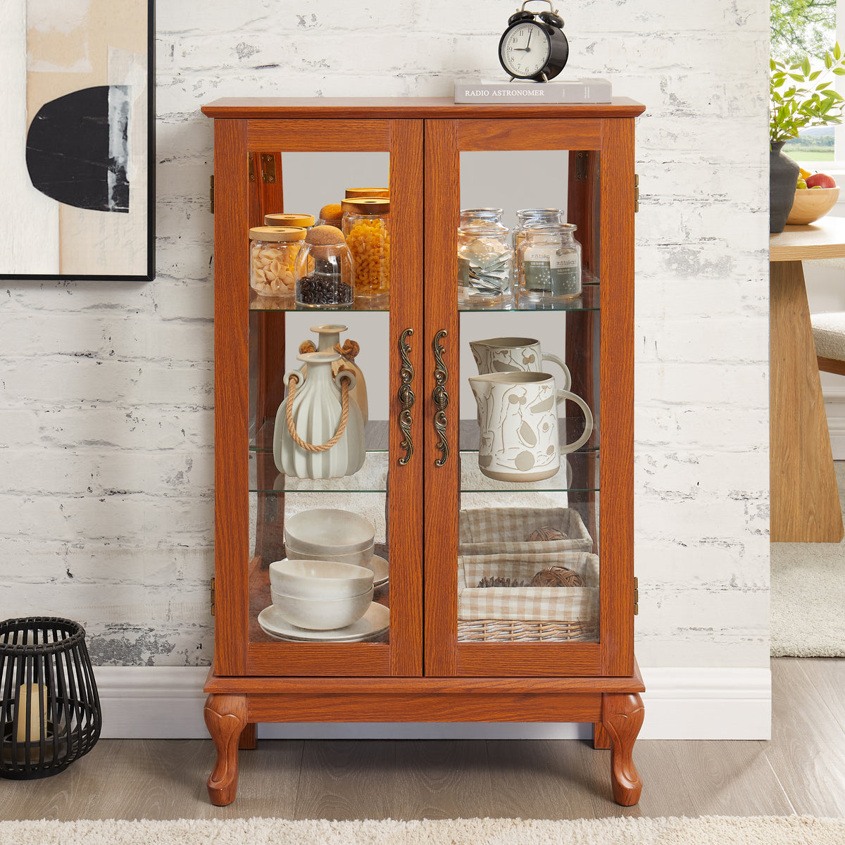 Dark Oak Lighted Glass Curio Cabinet with Mirrored Back, 43.8 in.