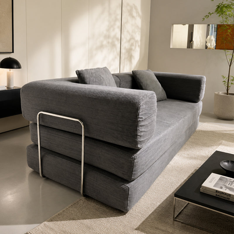 Antique Grey Corduroy 2-in-1 Sofa Bed – Memory Foam, Wide Armrests, 2 Pillows Included, 78.7 x 35.4 x 27.2 in.