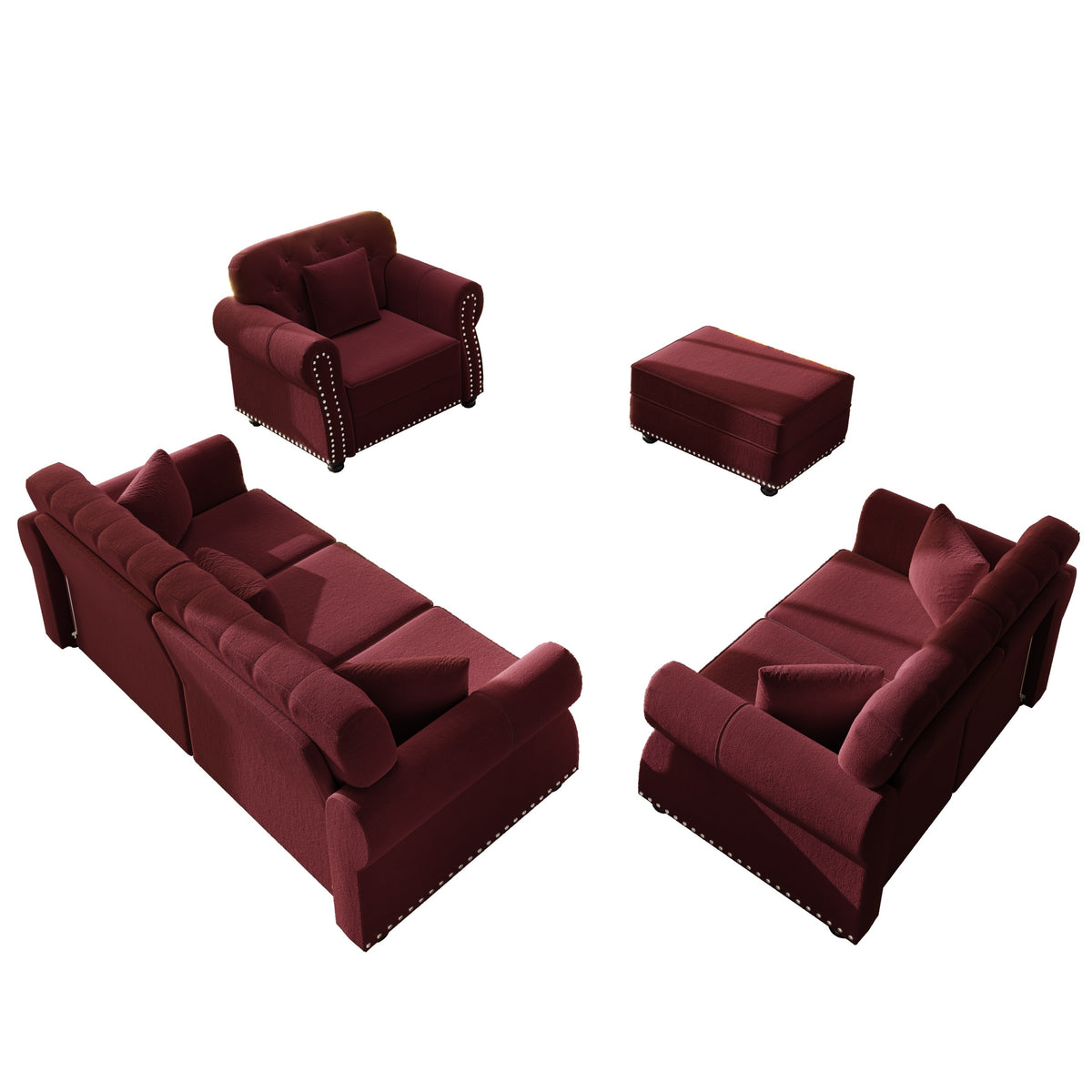 Burgundy Velvet Chesterfield Sofa with Ottoman, Button Tufting & Nailhead Trim
