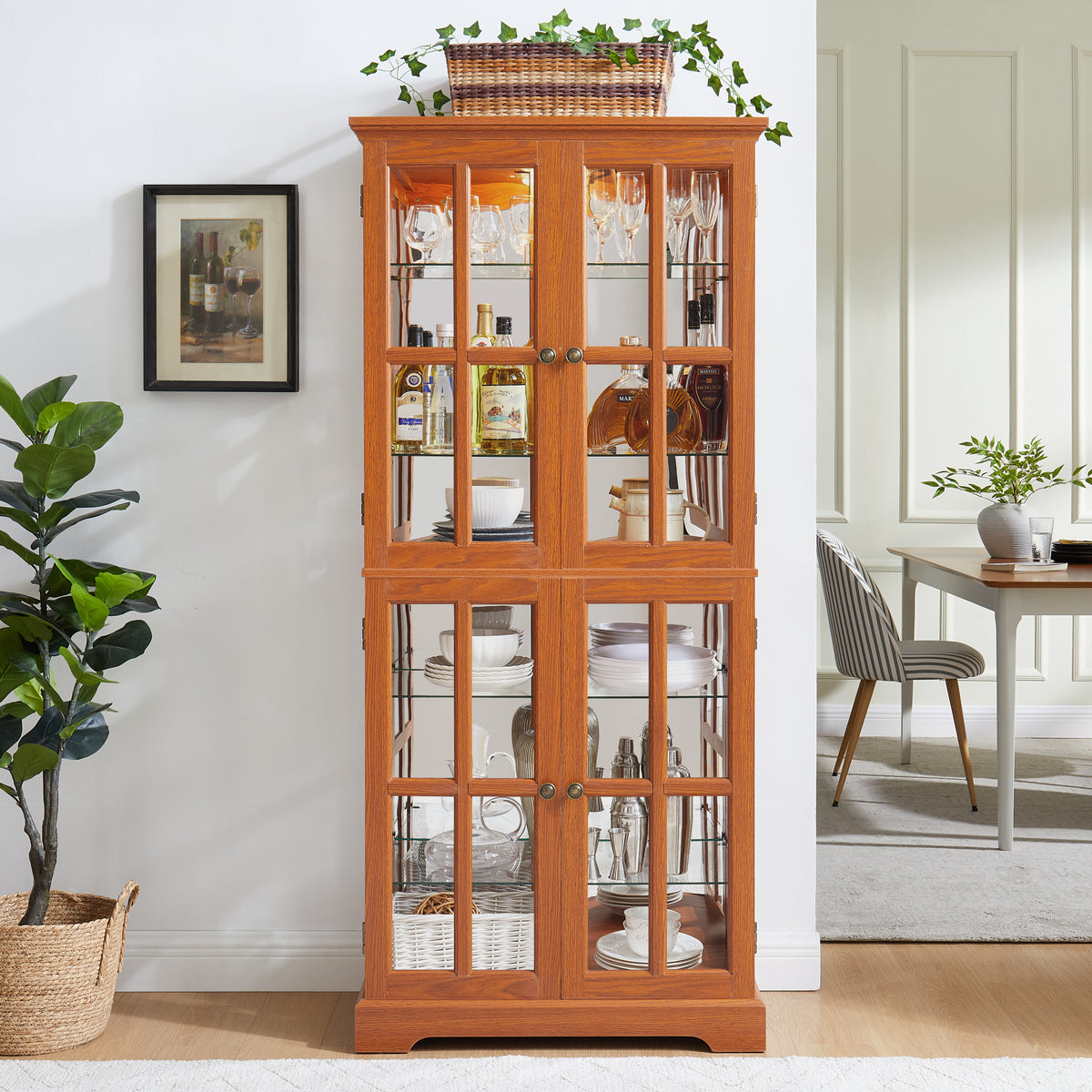 Dark Oak Lighted Glass Curio Cabinet with Adjustable Shelves, 68.7 in.