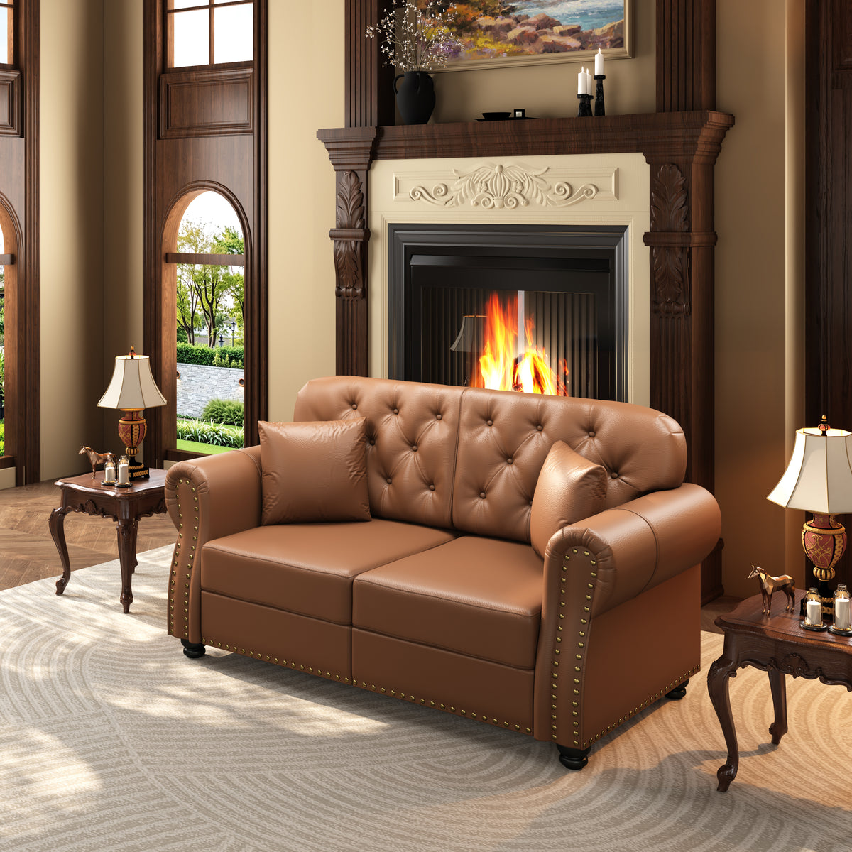 Brown Faux Leather Chesterfield Loveseat, 63 in.