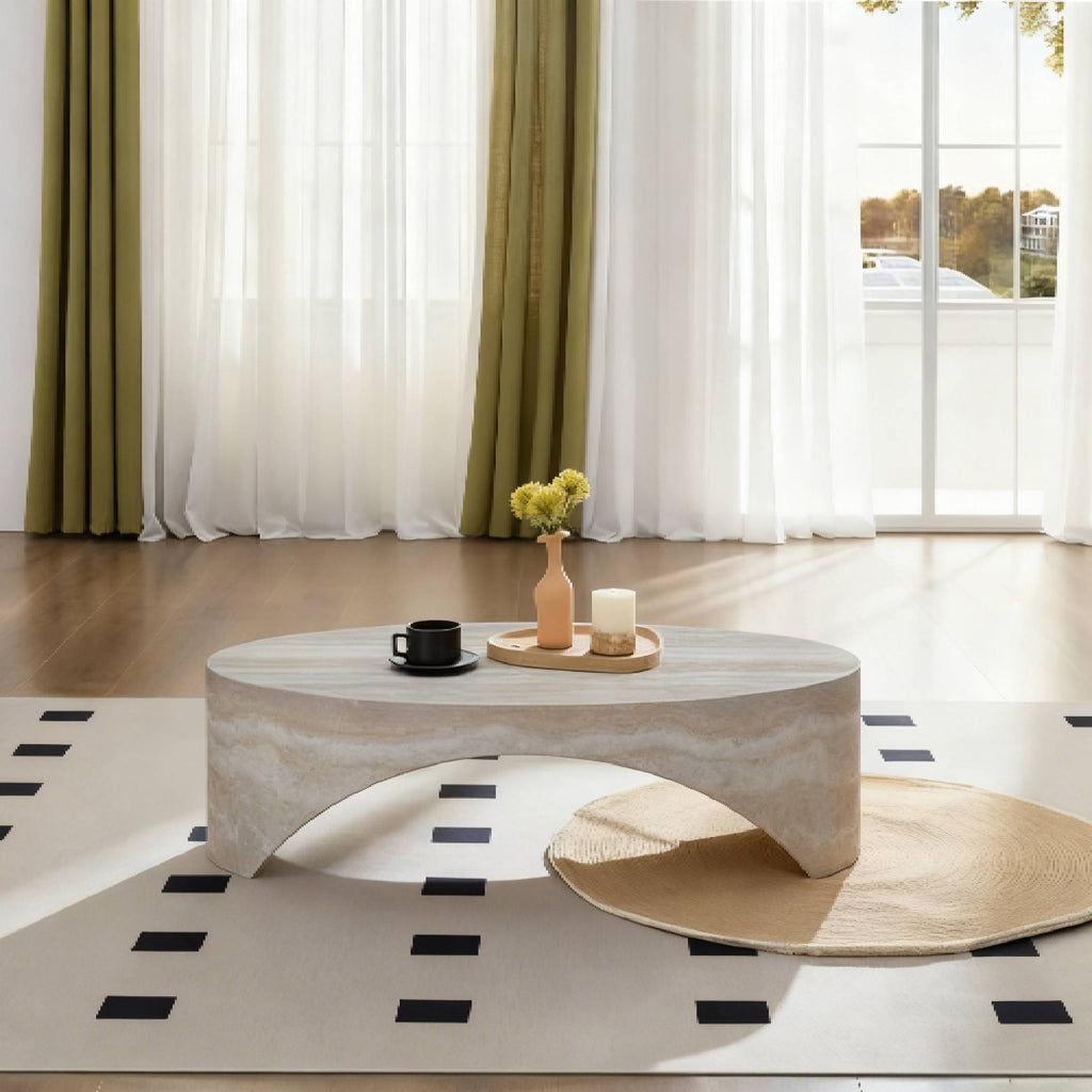 White Fiberglass Oval Coffee Table – Faux Marble Finish, Curved Sculptural Design, 43.3 x 24 x 12.6 in.