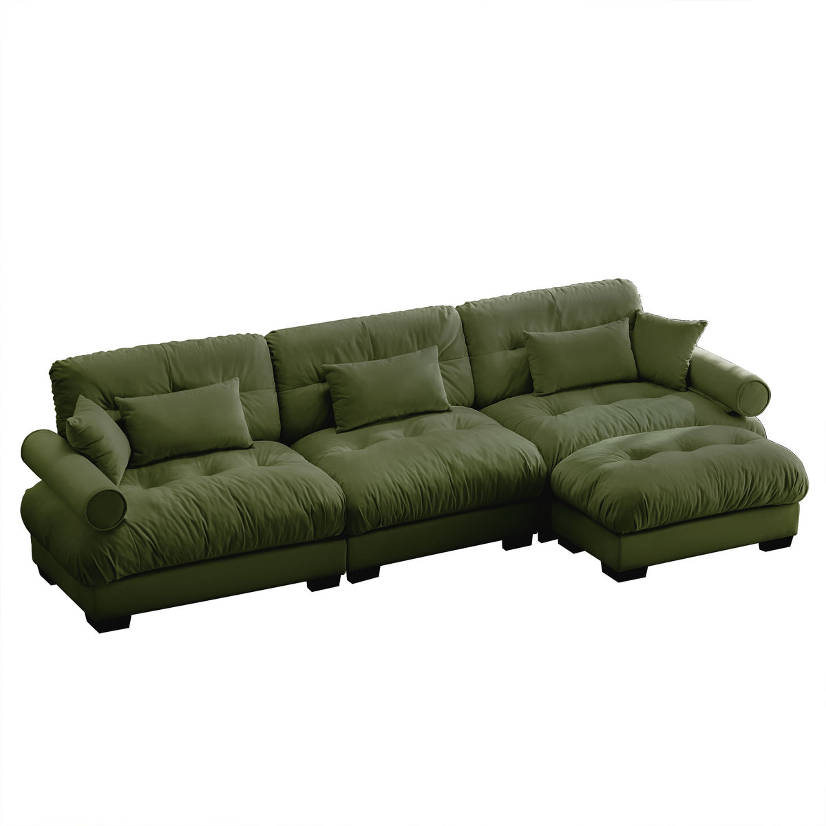 Olive Green Modular Velvet Sofa with Ottoman – 3-Seater, Bolster Armrests, Cloud Cushions