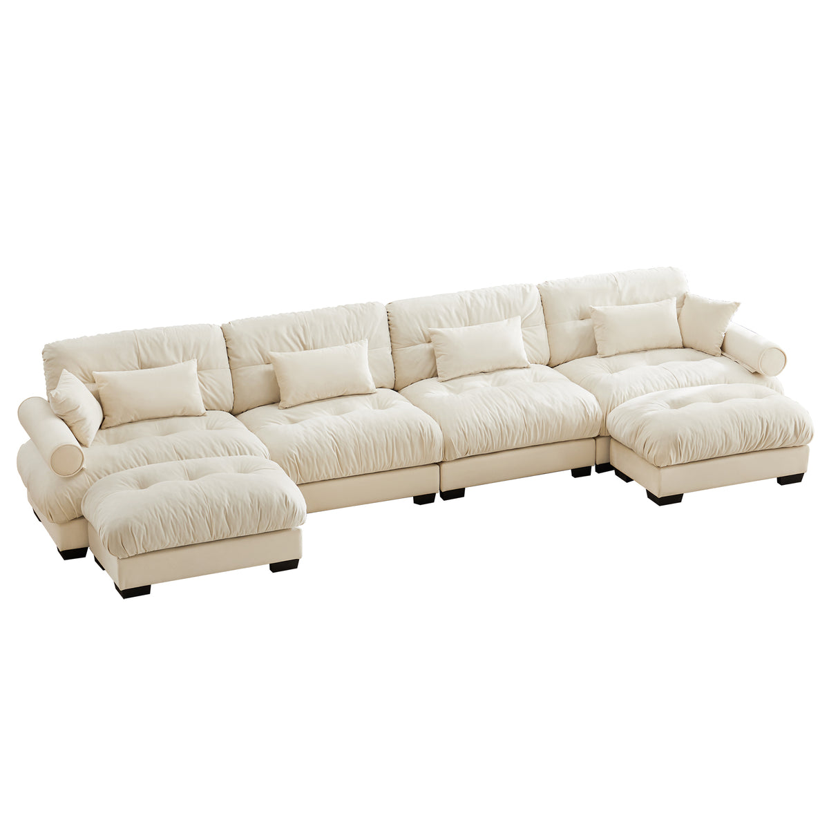 Modern Velvet U-Shaped Sectional Sofa with Movable Ottomans – Cream, 4-Seater