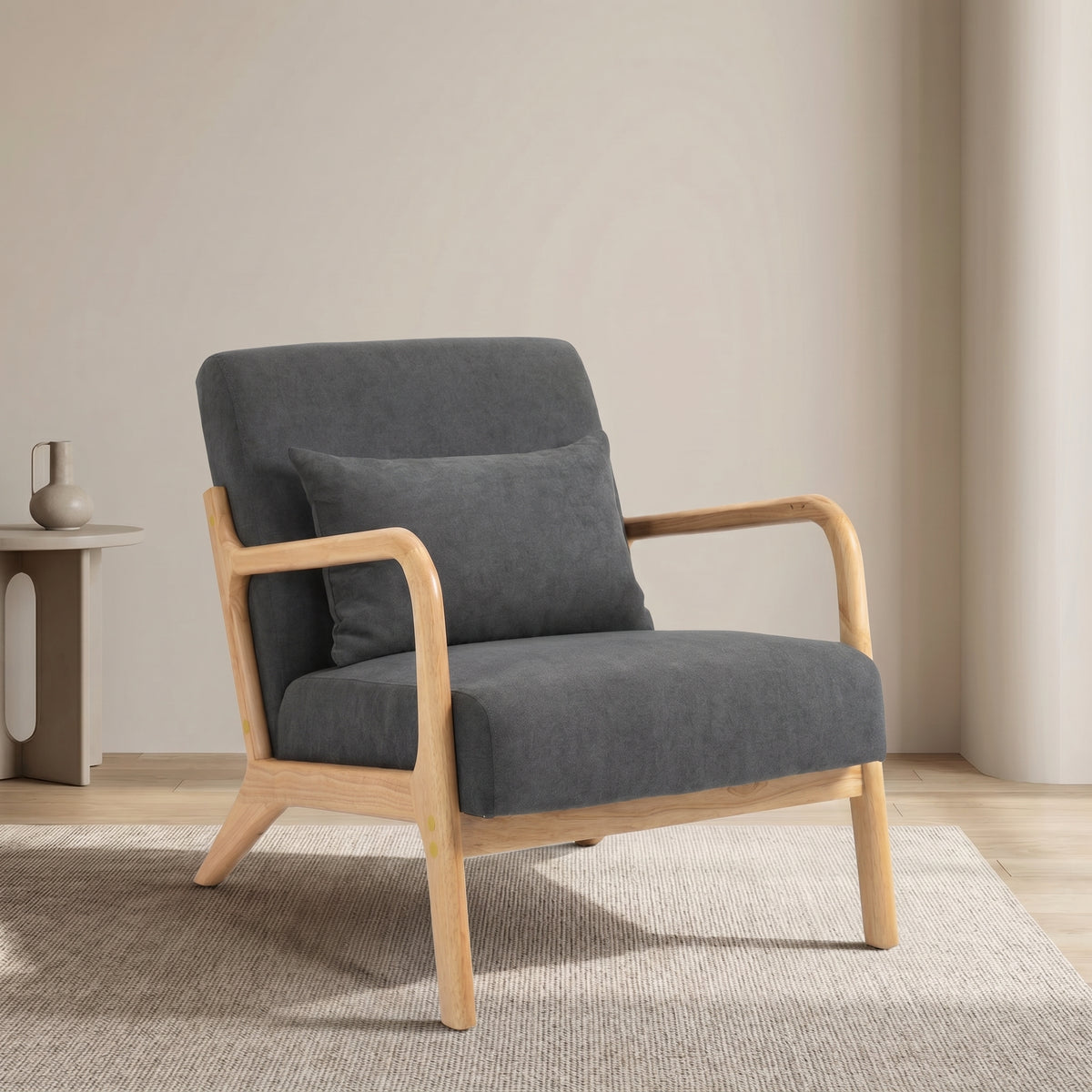 Antique Grey Cotton Linen Mid-Century Accent Armchair with Lumbar Cushion